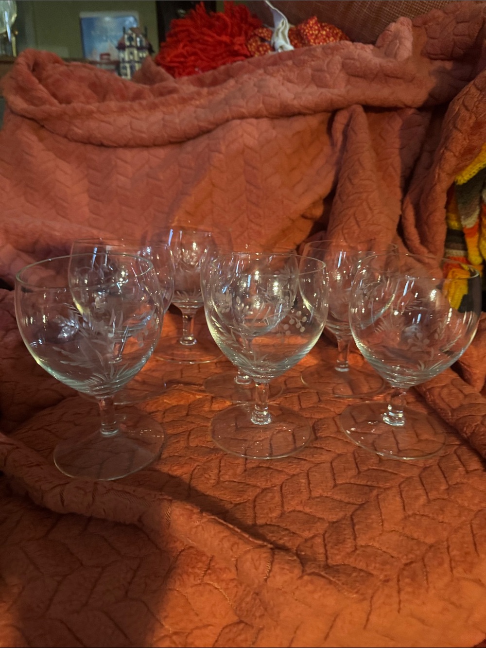 Gorgeous Set of 7 Vintage Etched Crystal Floral & Berry Wine Goblets / Balloon G
